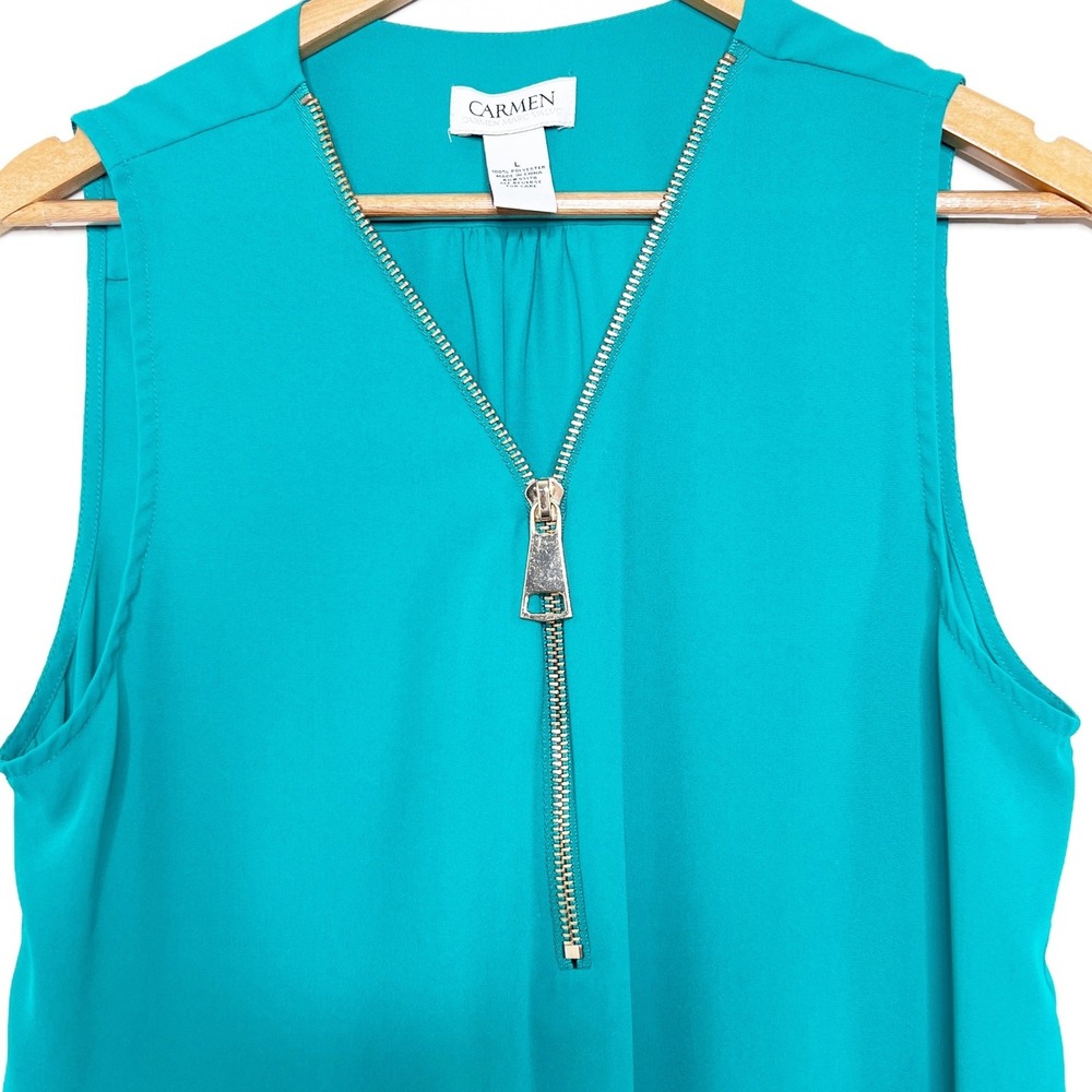 Carmen Marc Valvo Teal Sleeveless Half-Zip V-Neck Womens Blouse Top Size‎ Large - Picture 4 of 8